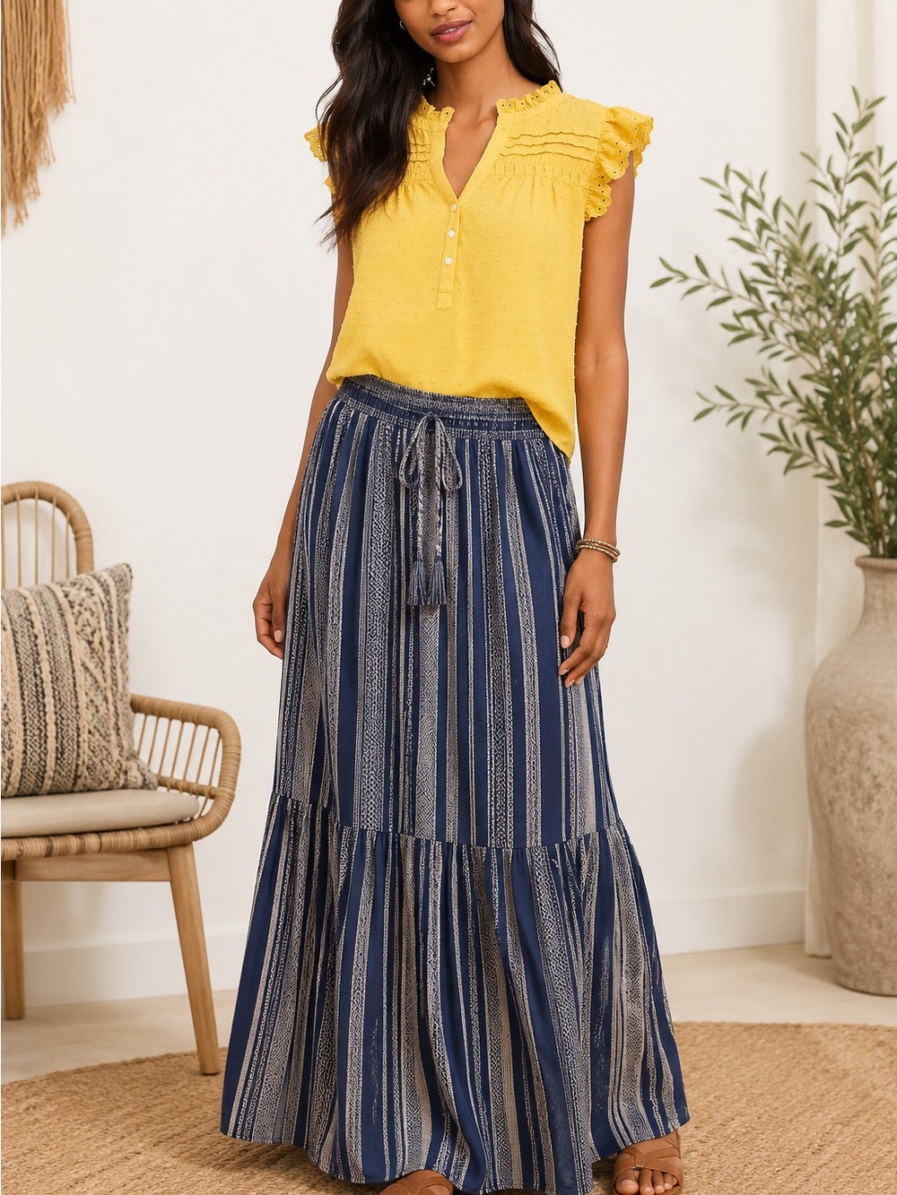 LOFT Yellow Eyelet Ruffle Split-Neck Blouse